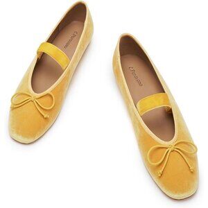 Women's Yellow Velvet Bow Upper Round Toe Ballerinas Pull On Flats Ballet Shoes